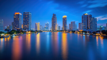 Obraz premium Bangkok Skyline at Twilight with Chao Phraya River Reflections