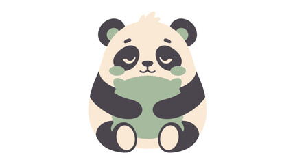 Fototapeta premium Cute cartoon panda bear character holding a soft green pillow.
