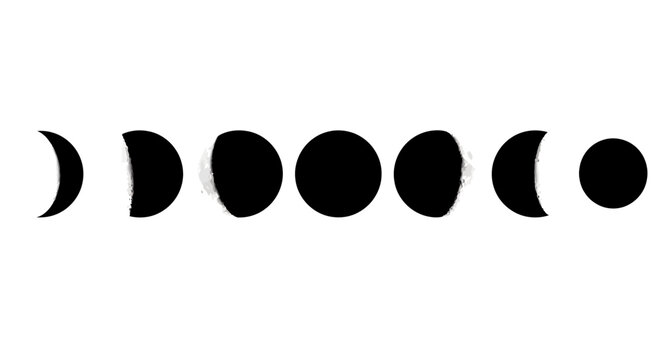 Minimalist moon phases vector set, black lunar cycle silhouettes, celestial astronomy icons for mystical branding and calendar design