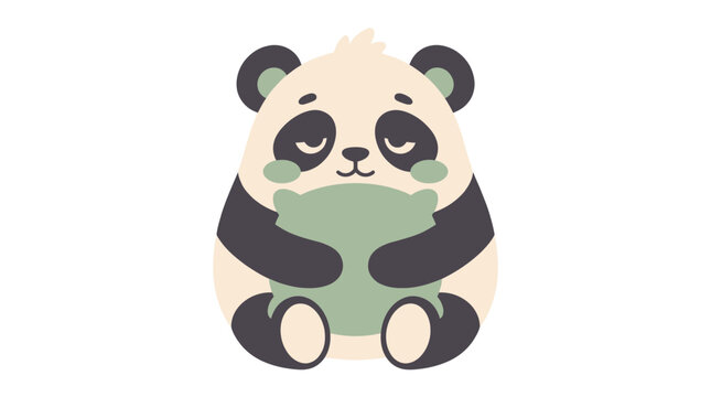 Cute cartoon panda bear character holding a soft green pillow.