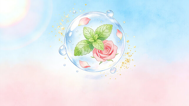 Clear water bubbles wrap around rose fresh leaves and golden powder, representing the concept of plant extracts, fresh moisturizing, and gentle and soothing skincare
