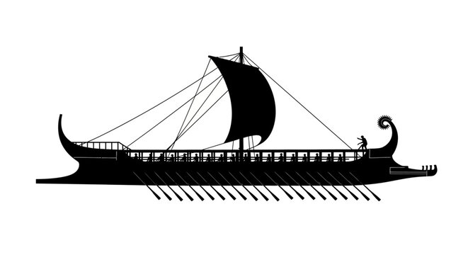 Ancient Greek trireme silhouette, black galley ship with oars and sail, historic Mediterranean warship vector illustration on white background