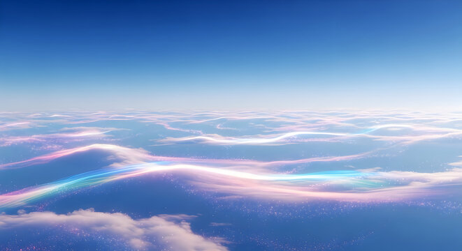 Ethereal iridescent clouds over blue sky, glowing rainbow light trails in atmosphere, dreamlike aerial view of colorful vapor waves