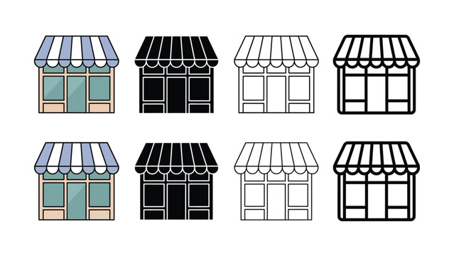 Set of eight storefronts with various awning and window designs on white background