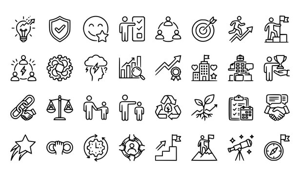 Business Core Values Outline Icon Pack with Teamwork Innovation Accountability Customer Focus and Leadership Symbols