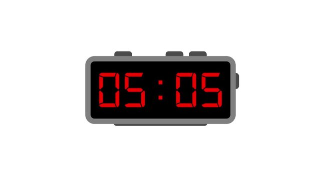 Digital 1 minutes countdown timer animation on white background with alpha channel. Digital timer count 0 to 60 seconds countdown. One minute countdown.