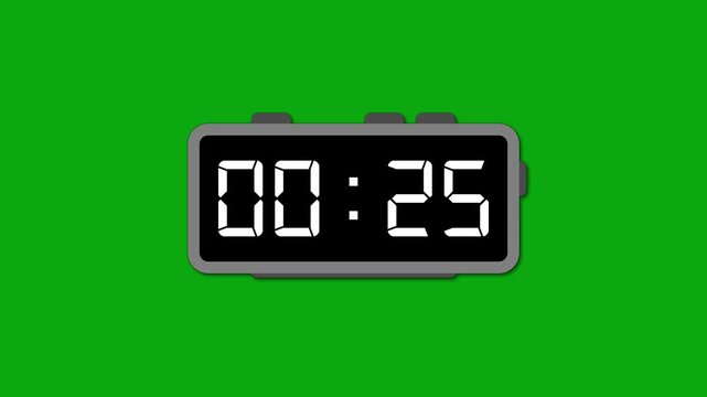 Digital 5 minutes countdown timer animation on green background with alpha channel. Digital timer count 0 to 5 minutes seconds countdown. Five minute countdown.
