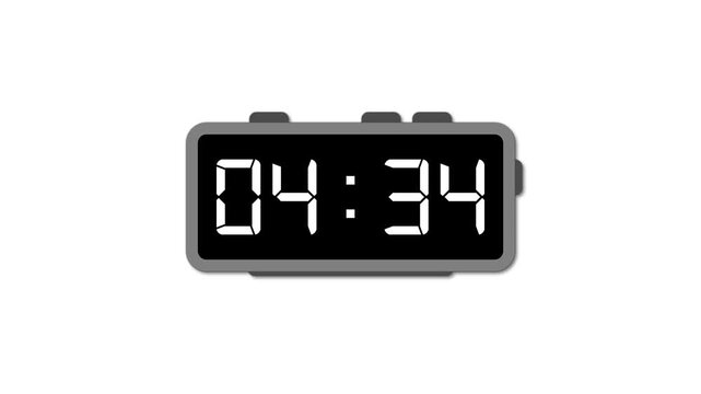 Digital 5 minutes countdown timer animation on white background with alpha channel. Digital timer count 5 to 0 seconds countdown. Five minute countdown.