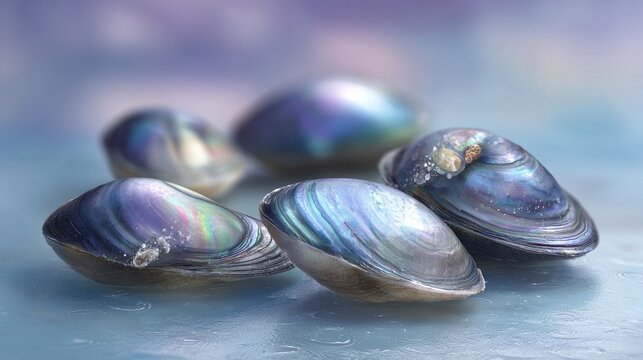 Close up of pearlescent ovular seashell fragments with swirling pastel iridescent colors