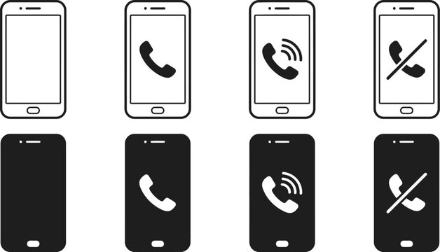Smartphone communication icons showing incoming call silent mode and ringing phone states in vector format.