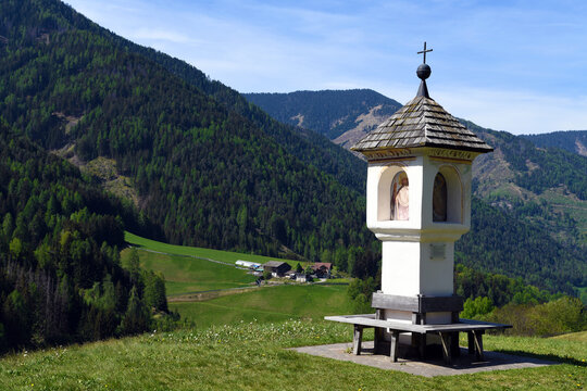 Plague Pillar (Pestst&ouml;ckl) located along the "Sun Path" (Sunnseitenweg) in Val di Funes, South Tyrol erected in 1636