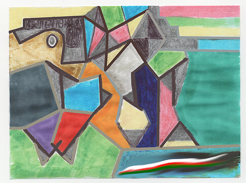 Composizione astratta con forme geometriche irregolari dai colori vivaci, in stile mosaico moderno