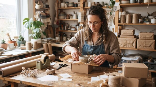 Woman artisan carefully packaging handmade ceramic mug in a workshop
