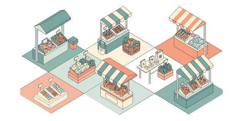 Fototapeta premium Isometric view of various small market stalls featuring fresh colorful vegetables and organic farm produce