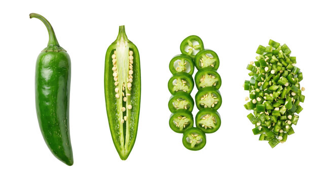 Fresh green jalapeno pepper preparation, whole and sliced chili pepper with seeds, chopped spicy serrano pepper pieces on white background