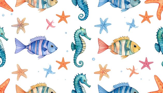 A seamless pattern of colorful sea creatures and stars on a white background