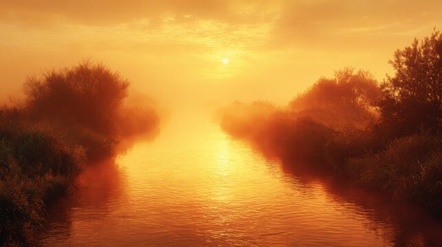 Serene Sunrise Over Misty River Surrounded by Lush Greenery and Soft Fog, Creating a Tranquil Atmosphere Instilling Calmness and Reflection in Nature