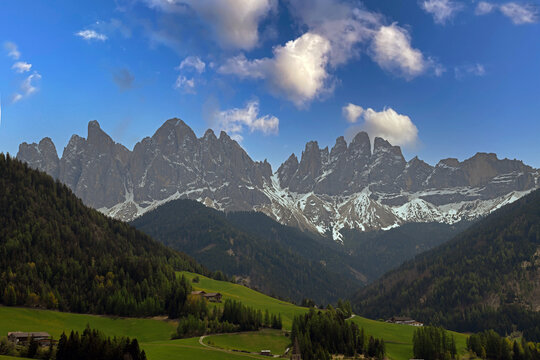 The Odle Group in the Puez-Odle Nature Park, located between Val Gardena and Val di Funes, a Unesco World Heritage Site.