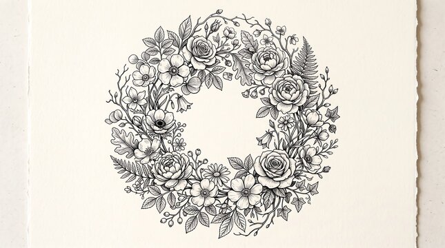 Intricate Floral Wreath Illustration Featuring Hand Drawn Botanical Elements and Roses on Textured Paper Background