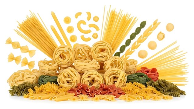Collection of various raw italian pasta varieties including spaghetti and nests with spaghetti carbohydrate culinary traditional ingredient different assortment farfalle macaroni