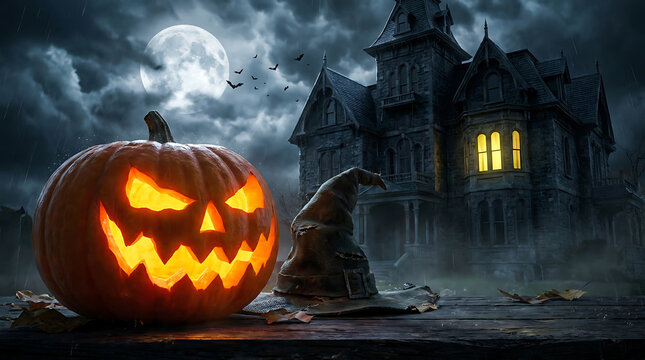 Halloween spooky jack o lantern pumpkin with scary haunted house and full moon background