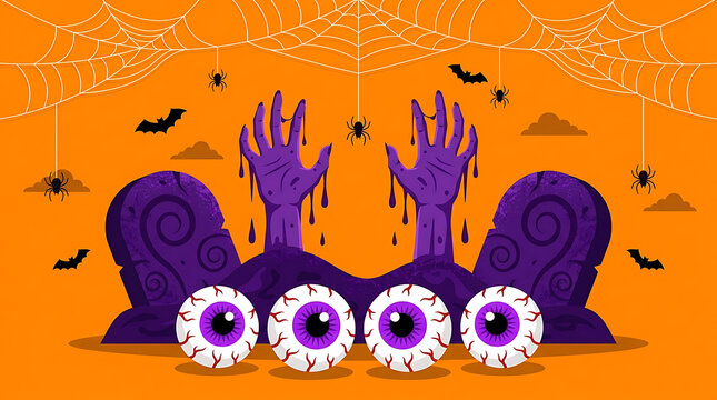 Halloween Spooky Purple Zombie Hands Rising From Graveyard With Eyeballs And Spiders