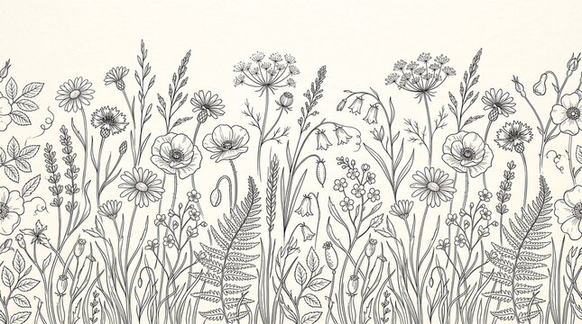 Elegant Hand-Drawn Botanical Seamless Border Showcasing a Diverse Collection of Delicate Wildflowers, Grasses, and Foliage, Perfect for Vintage-Inspired Natural Designs and Creative Projects
