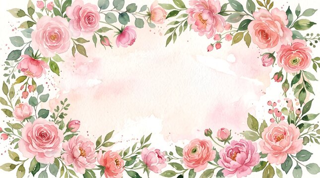 Elegant watercolor pink roses and green leaves frame for wedding invitation or greeting card design background