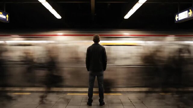 Person stands still at subway station while trains rush past in a blur. Urban setting features vibrant lighting and a sense of motion. Concept of transportation, city life, commuting