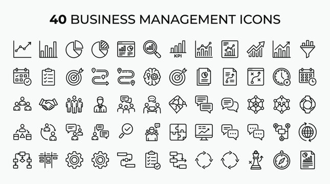 Set of 40 business management and marketing line icons with business, management