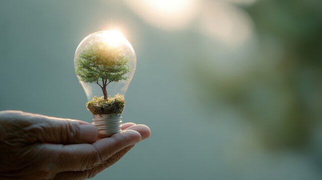 hand holding lightbulb with small tree and sunshine. concept energy power in nature.