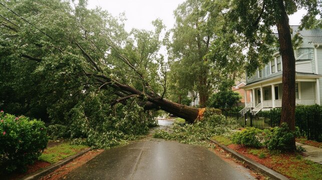 Hurricane damage to a tree on Georgia neighborhood street. Fallen down big tree after tropical storm winds.