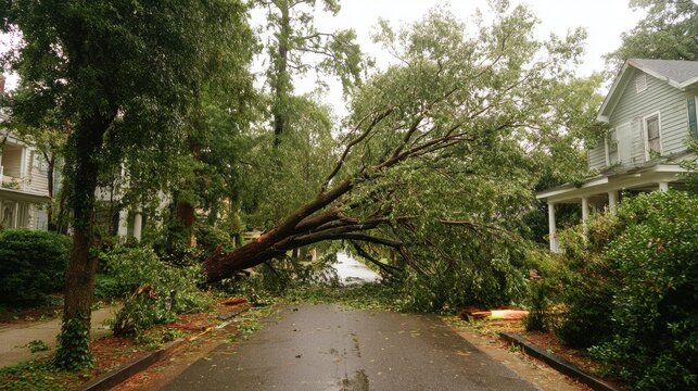 Hurricane damage to a tree on Georgia neighborhood street. Fallen down big tree after tropical storm winds.