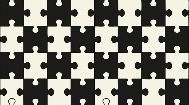 A close-up view of a seamless puzzle pattern with black and white pieces.
