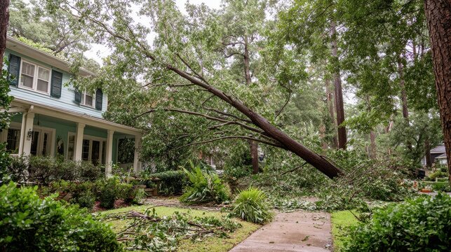 Hurricane damage to a tree on Georgia neighborhood street. Fallen down big tree after tropical storm winds.