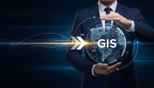 Businessman holding digital globe with GIS text and network connections.