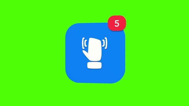 3D blue full open hand palm with side motion vibration signals indicating contactless sensor gesture notification icon popping up on green screen.