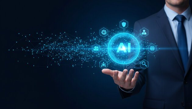 Businessman holding futuristic digital ai interface showing artificial intelligence connectivity and tech innovation.