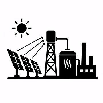 Silhouette of an Industrial Solar Thermal Plant Isolated on White Background