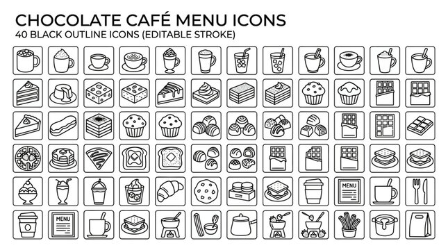 Set of 40 chocolate cafe menu icons black outline editable stroke with chocolate