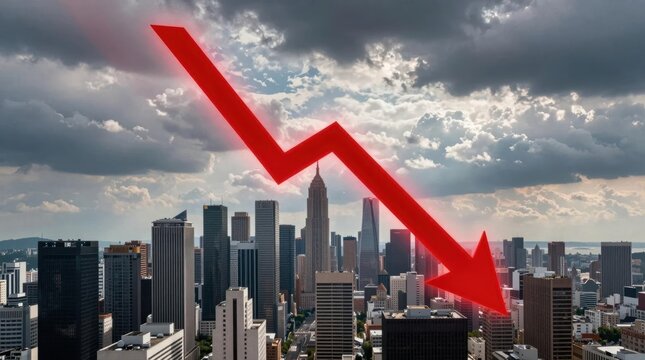 Market trends show decline over city skyline with dark clouds and red arrow