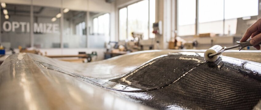 Carbon fiber manufacturing roller resin applying epoxy in workshop molds for advanced composite material layup engineering, industrial lamination process, hightech prototype development new workspaces