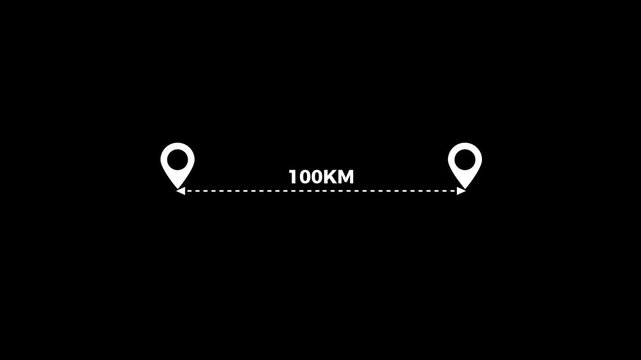 Animated Map Location Pins with Distance Arrow Line Loop on Black Background 4k video animation.