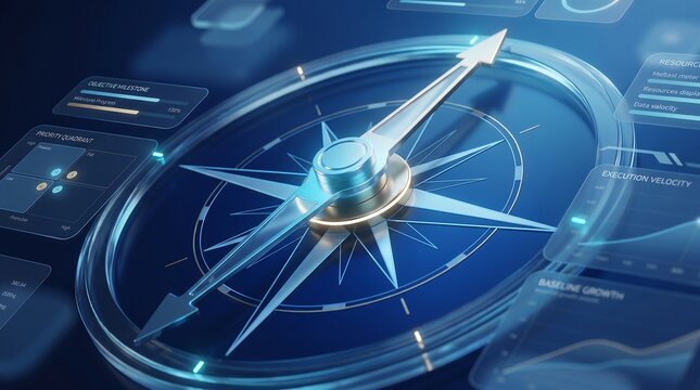 Compass needle floats over glowing digital data streams representing modern navigation and business strategic planning in a futuristic interface design that provides ample negative space for text.