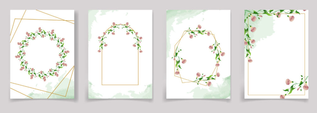 Set of watercolor floral frames with delicate pink floral branches of field bindweed flowers, green foliage, luxurious gold geometric borders. Minimal templates with copy space. Invitations, cards