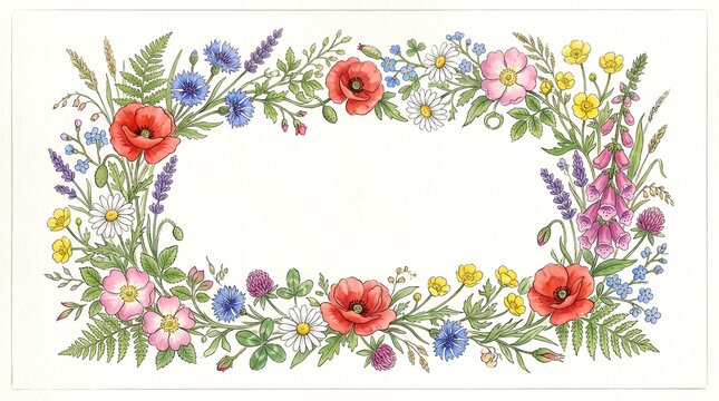 Watercolor wildflower frame with poppy, daisy, and lavender