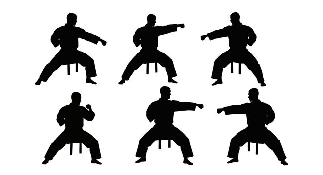 Martial arts karate silhouettes set, black vector athlete figures in combat stances, 6 fighter icons performing kata and punch techniques