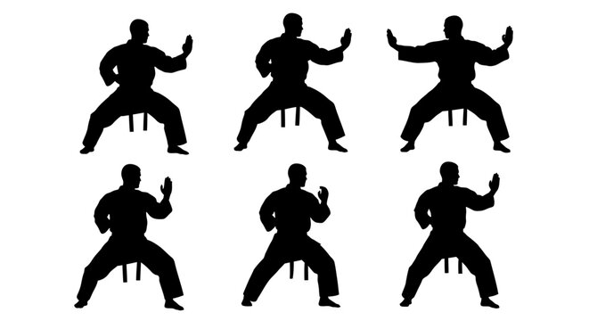Martial arts karate silhouettes set, 6 vector icons of fighter in combat stance, black silhouette of man practicing kung fu or judo