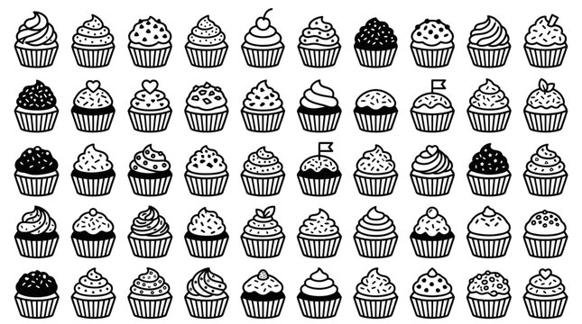 Collection of decorative cupcake icons black outline style with illustration