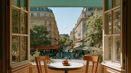 Fototapeta premium Charming Paris street view from a quaint cafe table on a sunny day Generative AI
